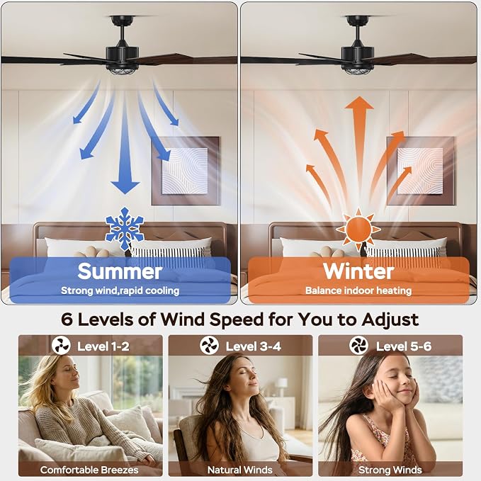 TALOYA 72 Inch Ceiling Fans with Lights and Remote Flush Mount Low Profile for Living Room Farmhouse Bedroom Patio Outdoor Dining Room,DC Motor,Reversible,Buzzer Mute,Dimmable Led Light,Rustic,Black