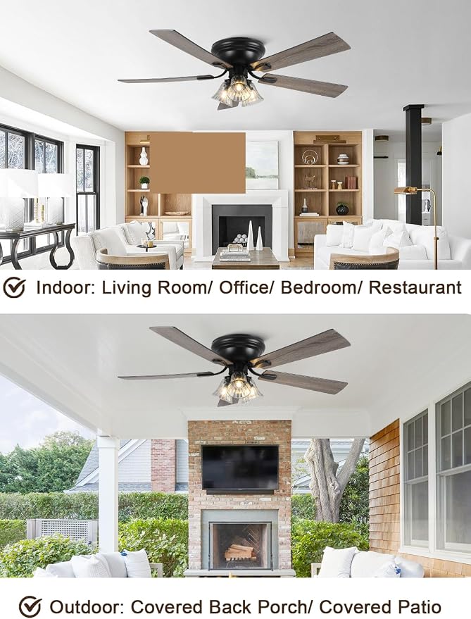 52 Inch Vintage Flush Mount Ceiling Fan with Lights and Remote | Farmhouse Rustic Fandelier, Low Profile Antique Chandelier, 3 E26 Bulbs 5 Blade, for Bedroom Living Room