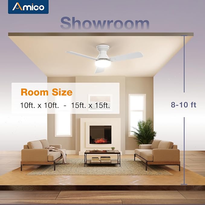 Amico 2 Pack Ceiling Fans with Lights, 42 inch Low Profile Ceiling Fan with Light and Remote Control, Flush Mount, Reversible, 3CCT, Dimmable, Noiseless, White Ceiling Fan for Bedroom, Indoor/Outdoor