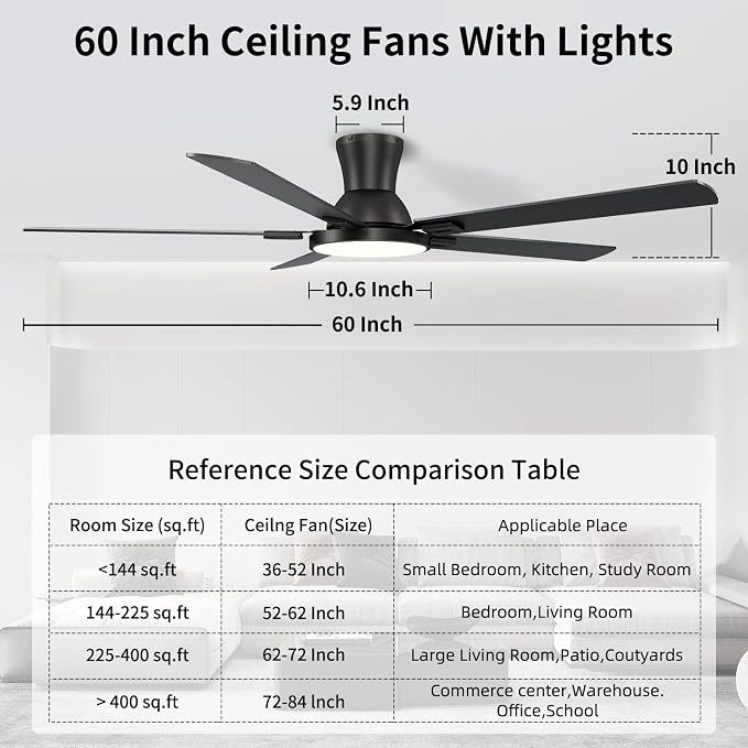 60 Inch Black Ceiling Fans with Lights and Remote, Flush Mount Low Profile 6 Blades Ceiling Fan with 10 Inch Lighting Fixture, Quiet Reversible DC Motor for Living Room, Bedroom and Patio