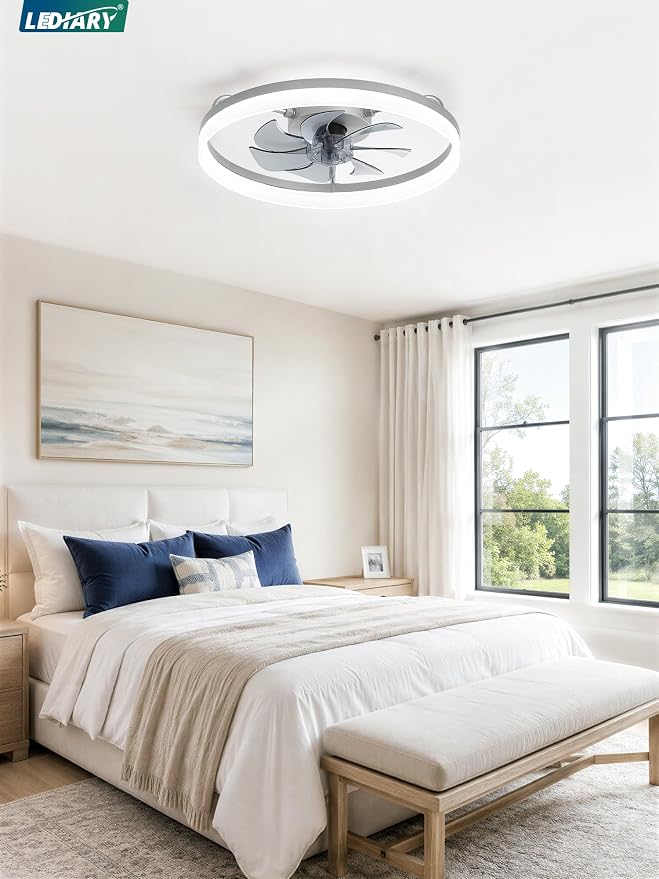 LEDIARY Ceiling Fans with Lights, 20 inch Low Profile Flush Mount Ceiling Fan, Dimmable LED, APP & Remote Control, Quiet Reversible DC Motor, 6 Speeds, Fandelier for Bedroom, Grey