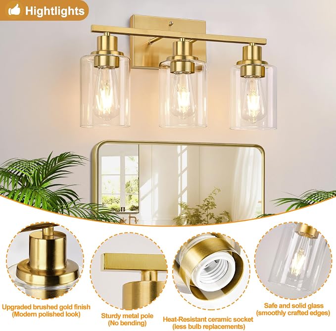 Indoi 3-Light Bathroom Light Fixtures, Brushed Gold Modern Vanity Lights with Clear Glass Shades, Bathroom Wall Lamp for Mirror Living Room Cabinet Bedroom Porch