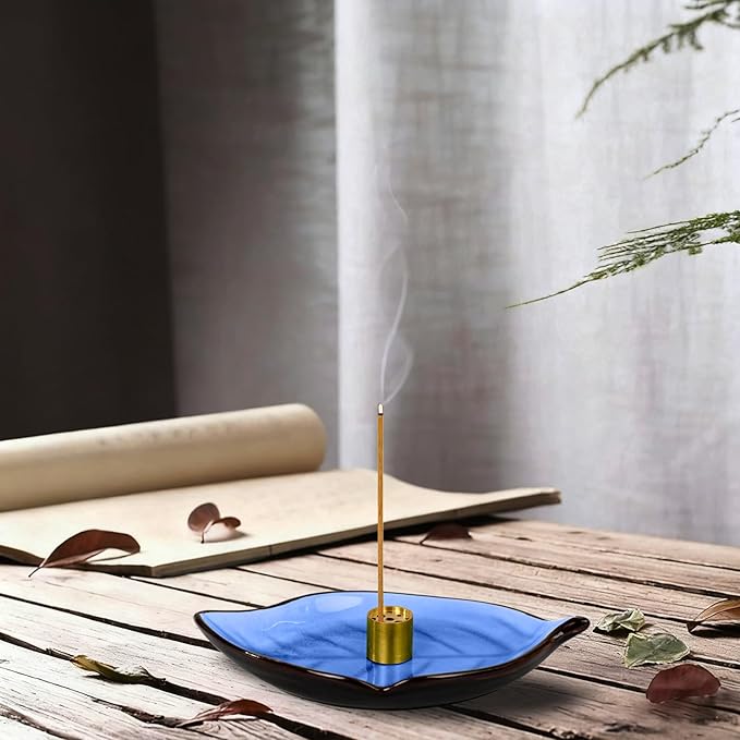 Incense Holder for Sticks (9 Holes) and Cones, Handmade Ceramic Incense Ash Catcher for Meditation, Yoga, SPA Days, Relaxing, Home Decor, Candle Holder, Easy to Clean, Leaf-Shape (Dark Blue)