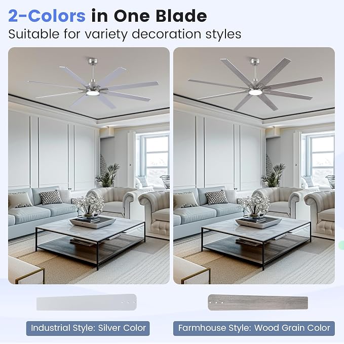 Newday 72 inch Large Ceiling Fans with Lights and Remote, Indoor/Outdoor Brushed Nickel Ceiling Fan for Living Room Patio, 6 Speeds Slient Reversible DC Motor, 3CCT, Timer, 3 Downrods, 8 Blades