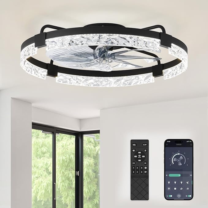 LEDIARY 24 Inch Low Profile Ceiling Fans with Lights and Remote, Flush Mount Fandelier Ceiling Fan, 3000K-6000K Dimmable LED Fan Light, Black Modern Ceiling Fans with Lights for Bedroom