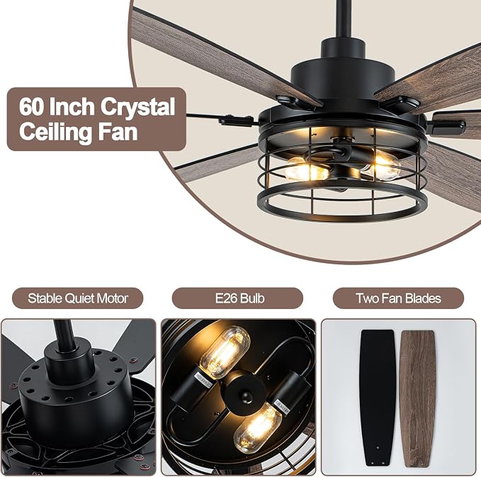 60 Inch Farmhouse Ceiling Fan with Light and Remote Black Rustic Ceiling Fan Quiet and Reversible DC Motor Chandelier Fan for Living Room Bedroom Patio