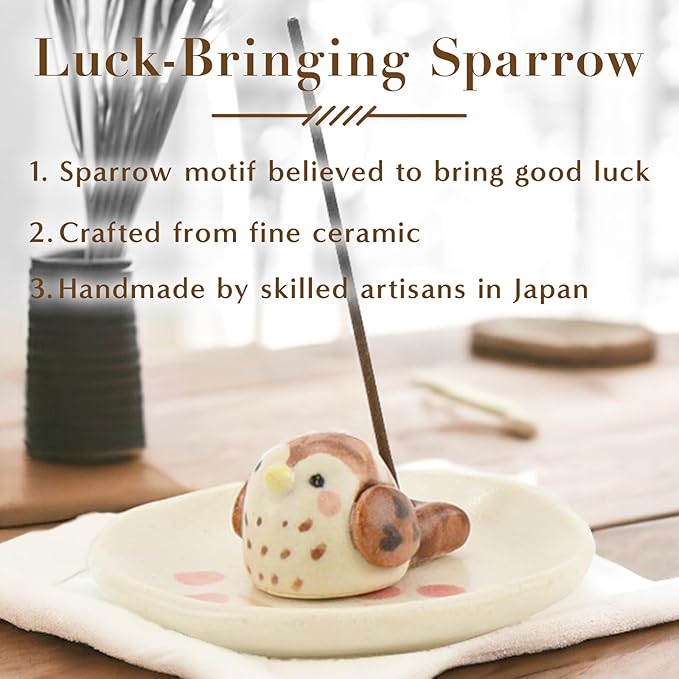 Hasegawa Fortune Sparrow Ceramic Incense Holder: Handcrafted Round Sparrow Design with Unique Expressions, Symbol of Luck - Height 0.79 inches, Plate Diameter 2.76 inches