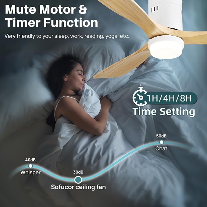 Sofucor 52 Inch Smart Natural Wood Ceiling Fans with Light Flush Mount Low Profile Modern Outdoor Solid Wood Ceiling Fan with Alexa/Google/APP/Remote Control for Bedroom/Living Room/Kitchen/Patio/Gym