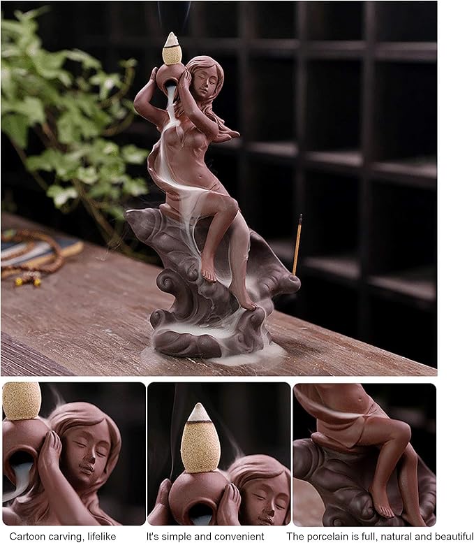 LISAY Mermaid Waterfall Incense Burner Backflow Ceramic Incense Holder Handmade Purple Sands Incense Sticks Censer for Home Decor Yoga Craftwork Figurine (Type B), 9.5*14.8cm13.5*21.5cm