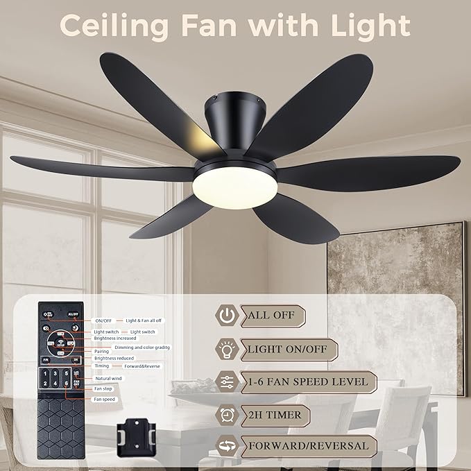 GJeg Ceiling Fans with Lights,42" Low Profile Ceiling Fan with Light and Remote Control,Flush Mount, Reversible, Dimmable, Noiseless, Black Ceiling Fan for Bedroom