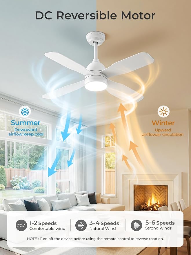 42 Inch Ceiling Fans with Lights: Ceiling Fan with 4 Dual Sided Fan Blades, Remote and App Control, 6 Wind Speed, Reversible DC Motor, 3CCT Dimmable LED, Small White Ceiling Fan for Bedroom