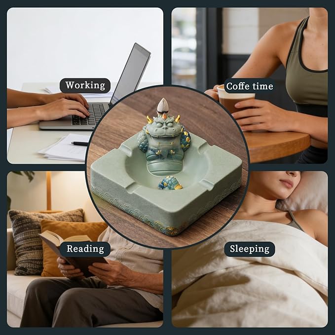 Pixiu Backflow Incense Burner with Ashtray, Mythical Beast Resin Incense Holder & Wealth Guardian Statue, Waterfall Smoke Effect Decor for Desk, Home Office Zen Gift