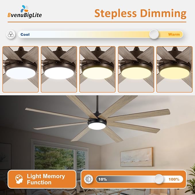 Large Ceiling Fan with Light: 66 Inch Indoor/Outdoor Fan Reversible DC Motor 6 Speed - Dual 8 Blades Big Ceiling Fans with Lights Dimmable 3CCT for Living Room Covered Patio, Wooden