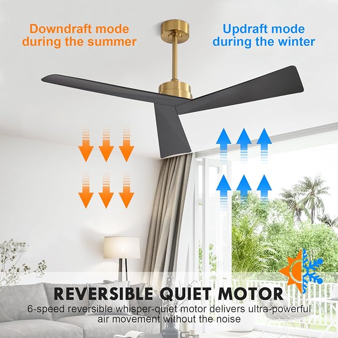 WINGBO 52" DC Ceiling Fan without Lights, Brass and Black Ceiling Fan with Remote, 3 ABS Plastic Blades, 6 Speed Reversible DC Motor, Ceiling Fans No Light for Kitchen Bedroom Living Room