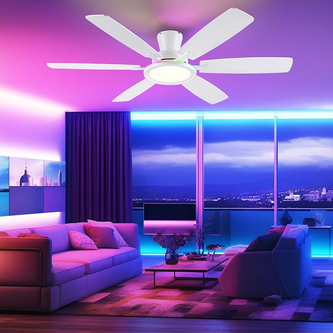 BYKISTOK 55In Flush Mount Ceiling Fan with RGB Light - White Modern Ceiling Fan with 6 Dual-Sided Blades, Reversible DC Motor, Low Profile Fan Light Fixture for Indoor Bedroom, Outdoor Patios