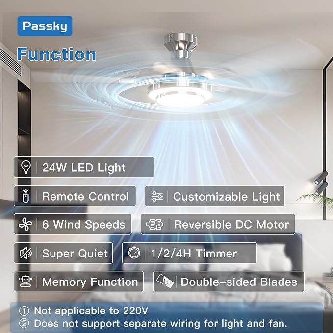 Passky Ceiling Fans with Lights, 52 inch Silver Flush Mount Ceiling Fan with Remote Control, Low Profile Ceiling Fan for Bedroom, Farmhouse, Reversible, 3CCT, Dimmable, Noiseless DC Motor, 2 Rings