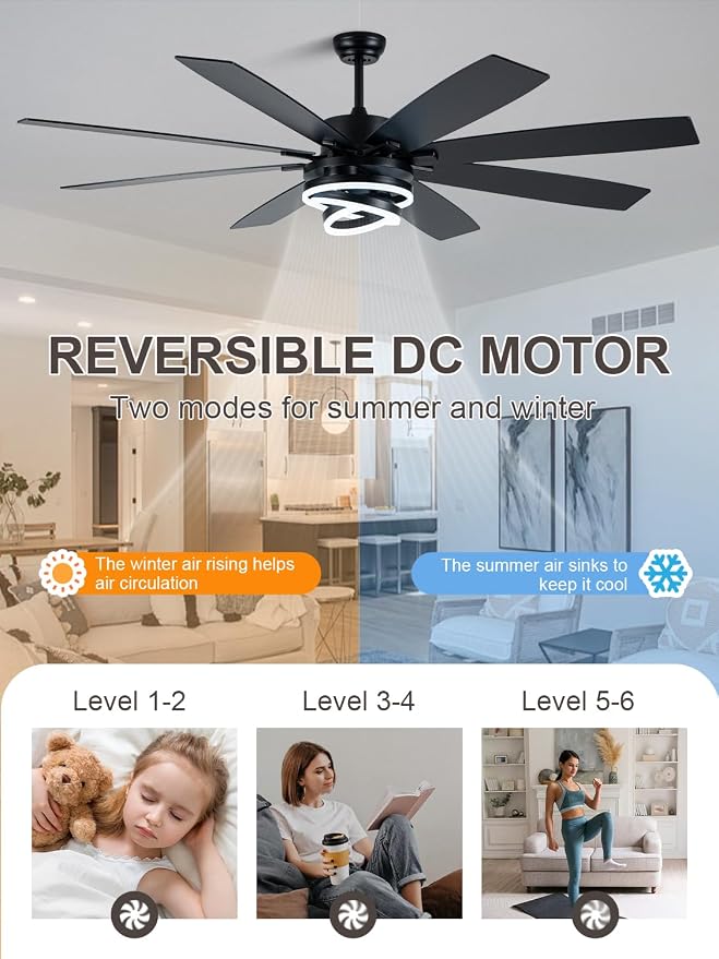 Bella Depot 72 Inch Black Ceiling Fan Modern Chandelier Fan with Remote Control, 6-Speed, Reversible, Timing Option - Ideal for Large Living Room, Garage, and Covered Patio