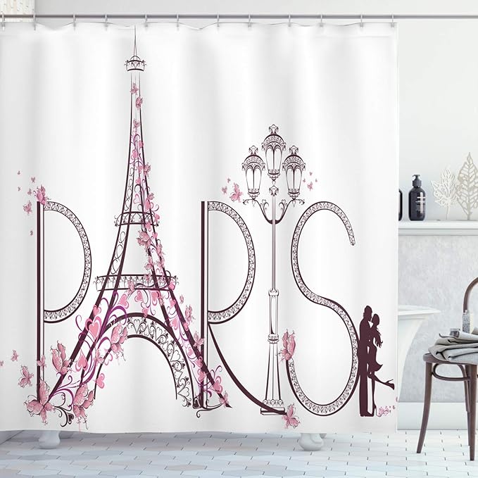 Ambesonne Paris Shower Curtain, Tower Eiffel with Paris Lettering Couple Trip Flowers Floral Design Print, Cloth Fabric Bathroom Decor Set with Hooks, 69" W x 75" L, Pink Plum