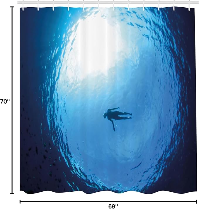 Ambesonne Summer Shower Curtain, Woman Swimminglone in The Seinside View Diving Ocean Exotic Peaceful Scenery, Cloth Fabric Bathroom Decor Set with Hooks, 69" W x 70" L, Blue Navy