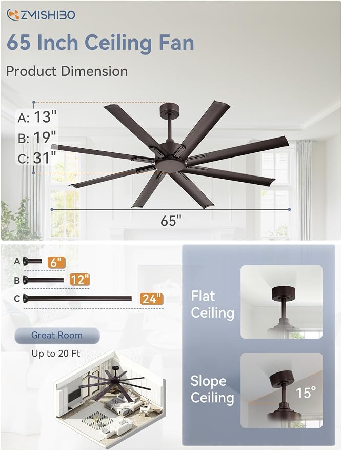 ZMISHIBO 65 Inch No Light, Large Industrial Ceiling Fan with 8 Aluminium Blades, Quiet DC Motor, 6 Speeds, Modern Ceiling Fan without Light for Garage/shop/living room,Oil-bronze