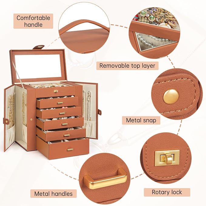 AKOZLIN 6-Tier Jewelry Box Organizer Functional 5 Drawers Leather Jewelry Storage Case for Women Girls Ring Necklace Earring Bracelet Holder Organizer with Mirror Extra Large Orange