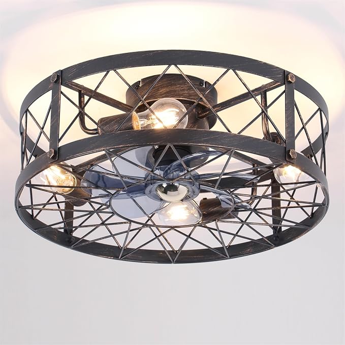 20" Farmhouse Flush Mount Caged Ceiling Fan with Lights and Remote, Rustic Low Profile Fandelier, Quiet 6 Speeds Reversible Enclosed Bladeless Small Ceiling Fans for Bedroom Living Room Kitchen