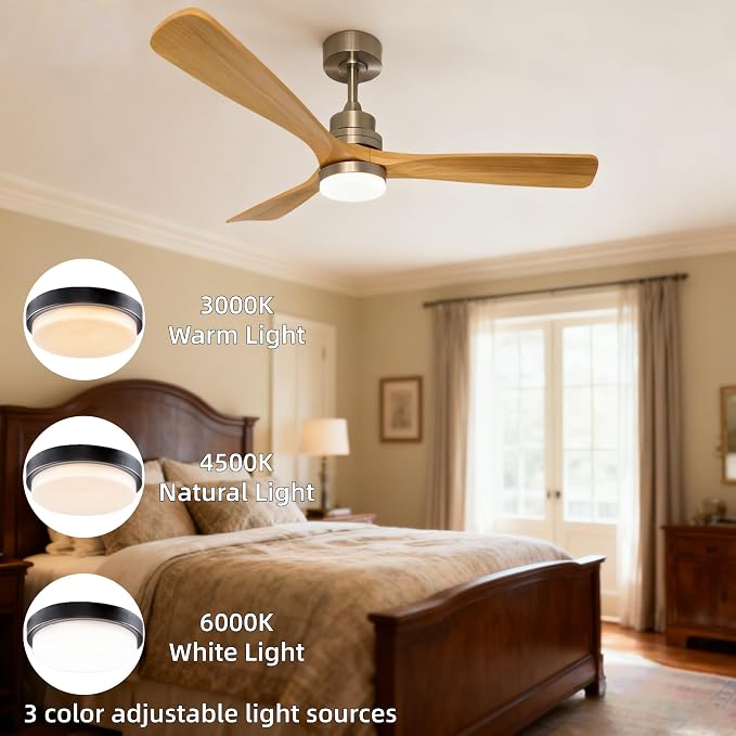 52-inch Wooden Ceiling Fan With Light,With Remote Control, 3 Solid Wood Fan Blades,Suitable for indoor areas, Living rooms, Dining rooms, Bedrooms,Terraces, and Porches.Brushed Nickel+Natural Wood