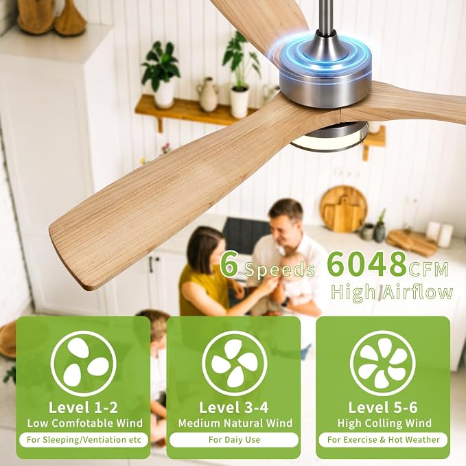 52 Inch Ceiling Fans with Lights and Remote Control, 3 Blade Ceiling Fan with Light for Bedroom Living Room Indoor Outdoor Patio, Reversible, 3CCT, Dimmable, Noiseless DC Motor, Nickel & Natural Wood