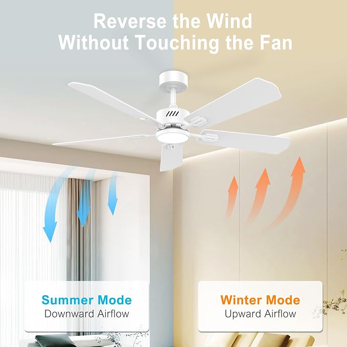 DAMINY 52 inch Ceiling Fan with Light,6CCT,5 Blade,Low Profile Ceiling Fan with Light and Remote Control,Downrods,White,Living Room,Indoor/Outdoor Use