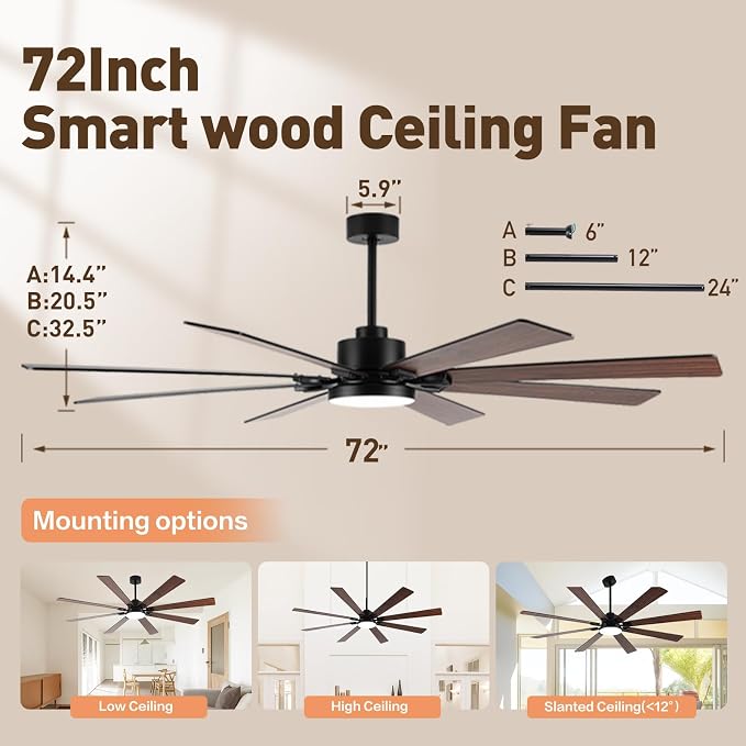 72 Inch Large Smart Ceiling Fan with Light and Alexa/APP(via WiFi),Black Indoor Outdoor Ceiling with Remote for Bedroom Patio,6 Speed,Quiet DC Motor,3CCT,8 Wooden Blades