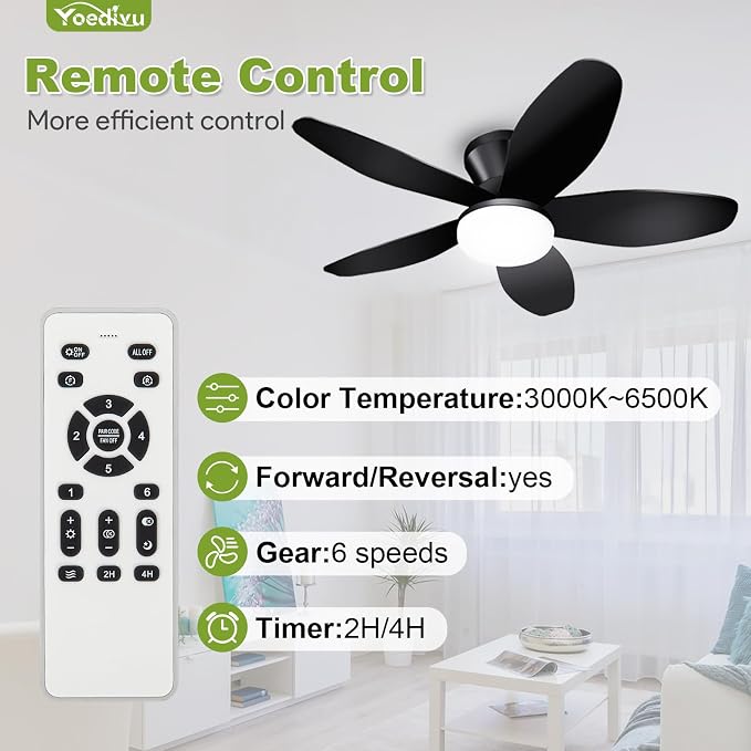 Ceiling Fans with Lights - 35 Inch Small Low Profile Ceiling Fan and Remote,Flush Mount Ceiling Fan with 5 Reversible Blades 6 Wind Speeds, Black Modern Ceiling Fans for Bedroom Kitchen