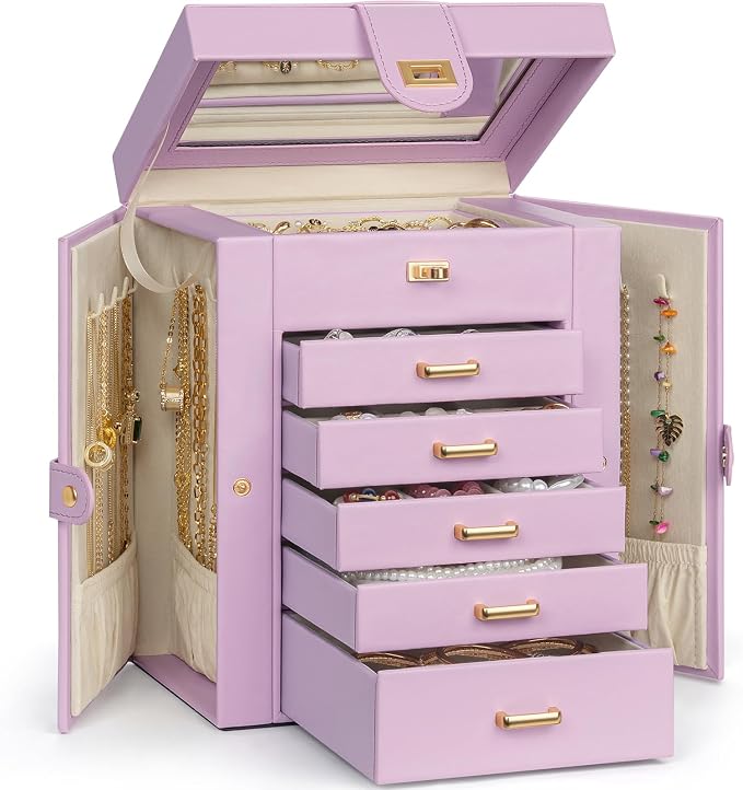 AKOZLIN 6-Tier Jewelry Box Organizer Functional 5 Drawers Leather Jewelry Storage Case for Women Girls Ring Necklace Earring Bracelet Holder Organizer with Mirror Light Purple Regular