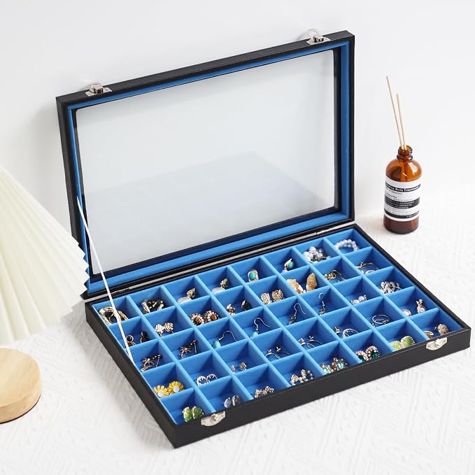 Stratalife 40 Grid Earring Organizer, Jewelry Holder Organizer with Lid | PU Leather Storage Box for Earring, Ring, Studs and Trinkets, Soft Velvet Drawer Organizer for Women, Dustproof, Blue Black