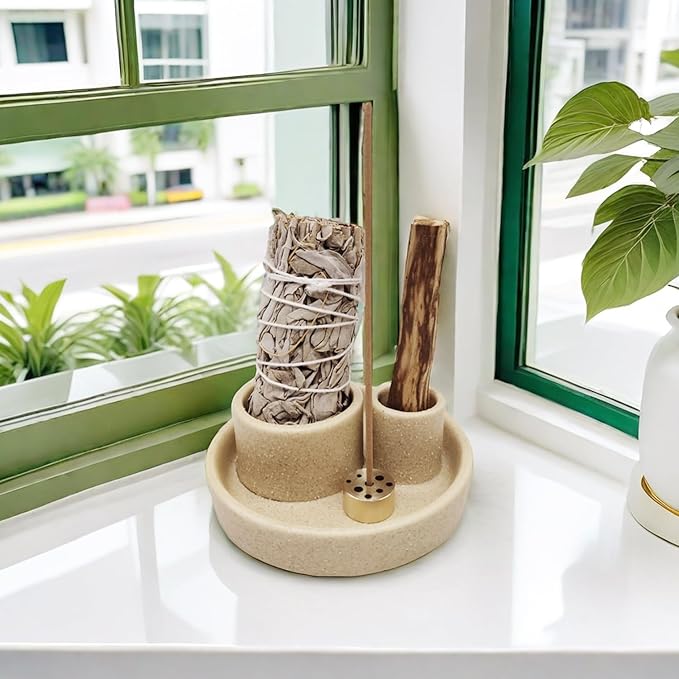 4 in 1 Incense Holder, Ceramic Incense Stick and Palo Santo Holder,Sage Holder for Burning- 4.25" Ceramic Ash Catcher Tray for Meditation and Yoga Room (Sand)
