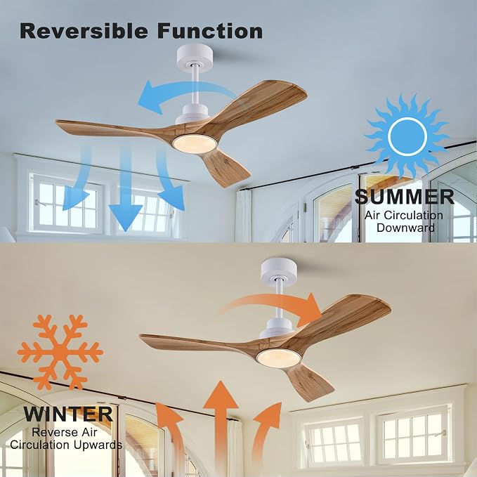 QUTWOB 42" Wood Ceiling Fan with Light, Reversible DC Motor, Remote Control | solid wood blades, quiet 6-speed reversible dc inverter motor, remote control, 3-color led, for indoor outdoor patio bedroom