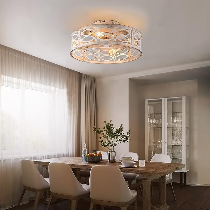 20" Caged Ceiling Fan With Light And Remote，bladeless Ceiling Fan 6 Speed Reversible With 4 Bulbs and Remote Control. With Lights for Bedroom, Dining Room
