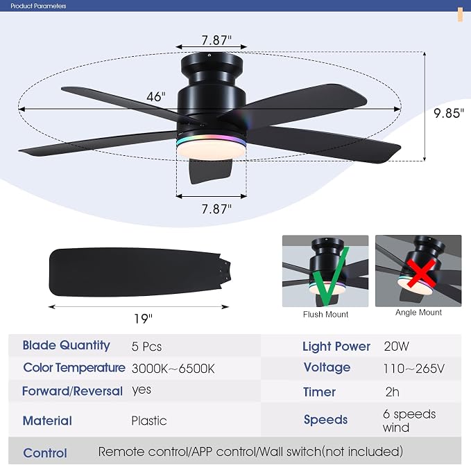 Wiviniya 46 Inch Black Flush Mount Ceiling Fans with Lights, 5 Blades Reversible, 6-Speed 2H Timer, RGB & 3 CCT Dimmable, Remote & APP Control for Bedroom Kidsroom