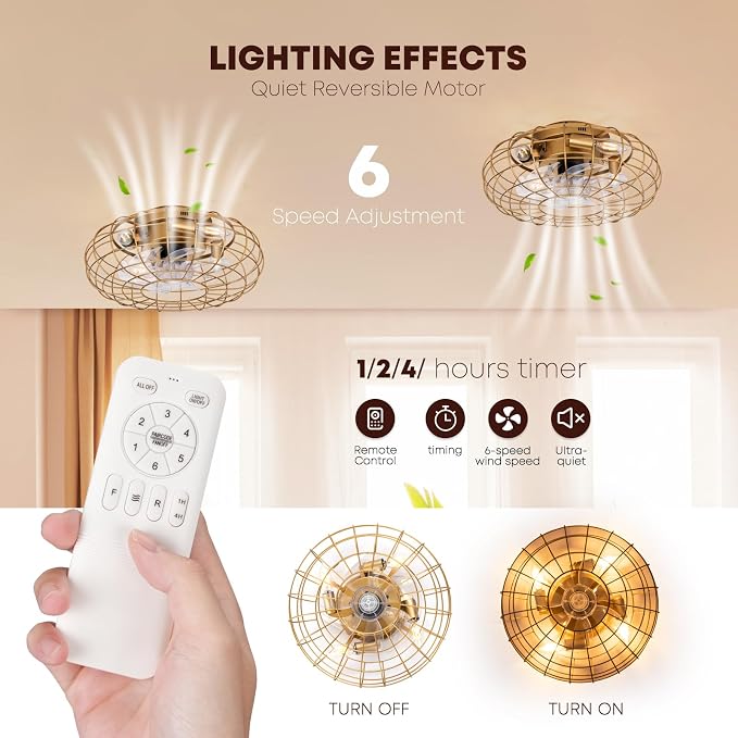 Ceiling Fan with Lights, 16 Inch Caged Ceiling Fan Lights Remote Control Small Industrial Ceiling Fan Light Fixture Flush Mount Farmhouse Light 8 Speeds Bladeless Lights for Bedroom Kitchen