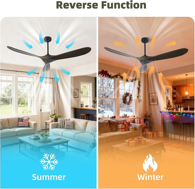 Outdoor Ceiling Fan Without Light, 60 Inch Smart Ceiling Fan with Remote & Voice Control for Compatible with Alexa/Google, 3-Blade Wood Fan, Quiet DC Motor, 6 Speeds for Patio, Porch, Farmhouse