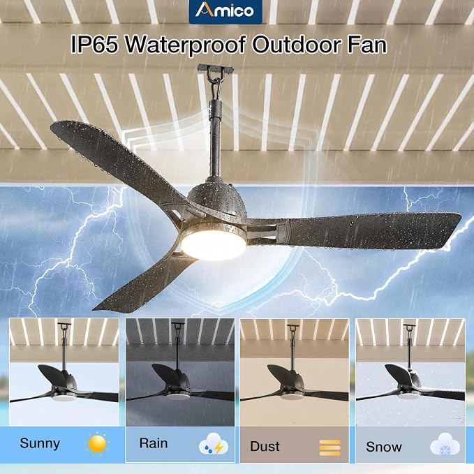 Amico Outdoor Ceiling Fan with Light for Patios, IP65 Waterproof Gazebo Fan Remote Control,3CCT, 6 Speeds, Hook Hanging Plug in Ceiling Fan for Patio Porch Pergola Garage Canopy (52 Inch)