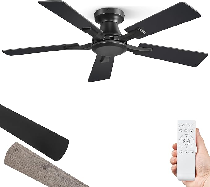 ZMISHIBO 42 Inch Ceiling Fan No Light, Flush Mount Low Profile, Modern Black Ceiling Fan Without Light, Remote Control & Quiet DC Motor, for Indoor&Outdoor, Bedroom, Living Room