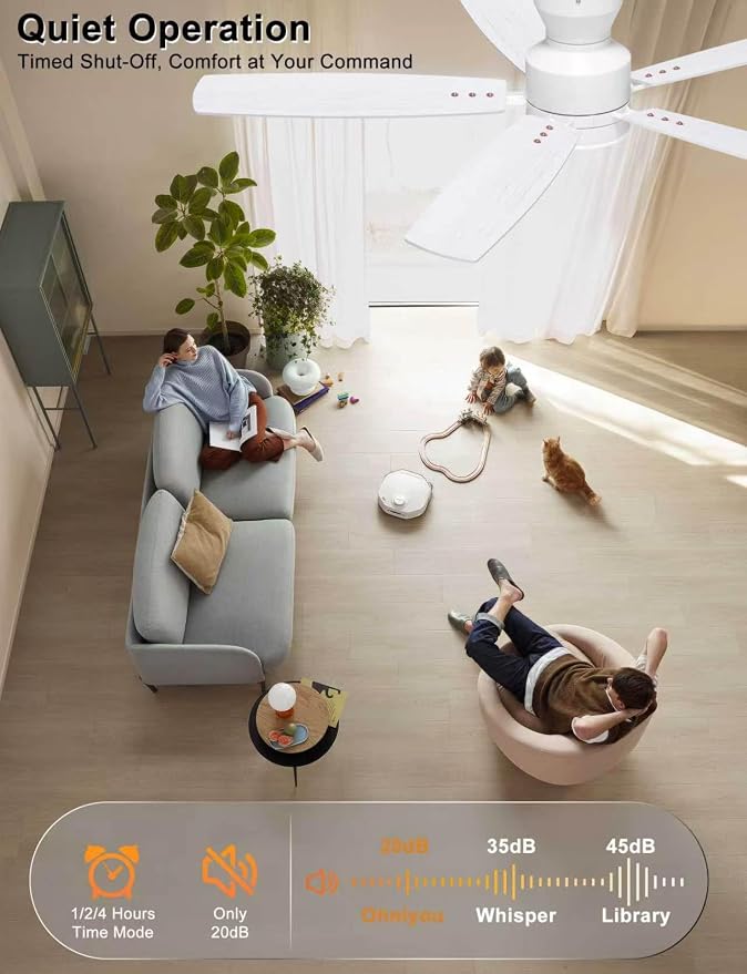 Ohniyou Ceiling Fans with Lights, 52'' Low Profile Ceiling Fan with Light and Remote/APP Control, Modern Flush Mount Ceiling Fan for Indoor Bedroom Living Room, Dimmable, Quiet DC Motor, White