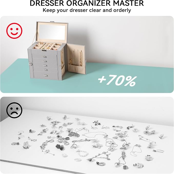Frebeauty 6-Layer Jewelry Box for Women,Large Jewelry Organizer with Drawer | Faux Leather,Built-in Mirror,Spacious Jewelry Storage,16 Necklace Hooks,Organizing by Category for Rings Earrings Bracelet