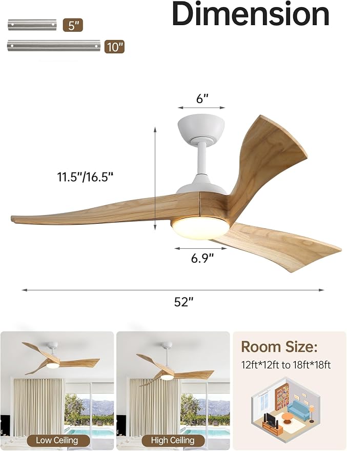 Sofucor 52 Inch Smart Ceiling Fans with Light-Modern Solid Wood Outdoor 3 Blades Ceiling Fan with Light Alexa/Google/APP/Remote Control for Bedroom Living Room Farmhouse, Quiet DC Motor, Natural Wood