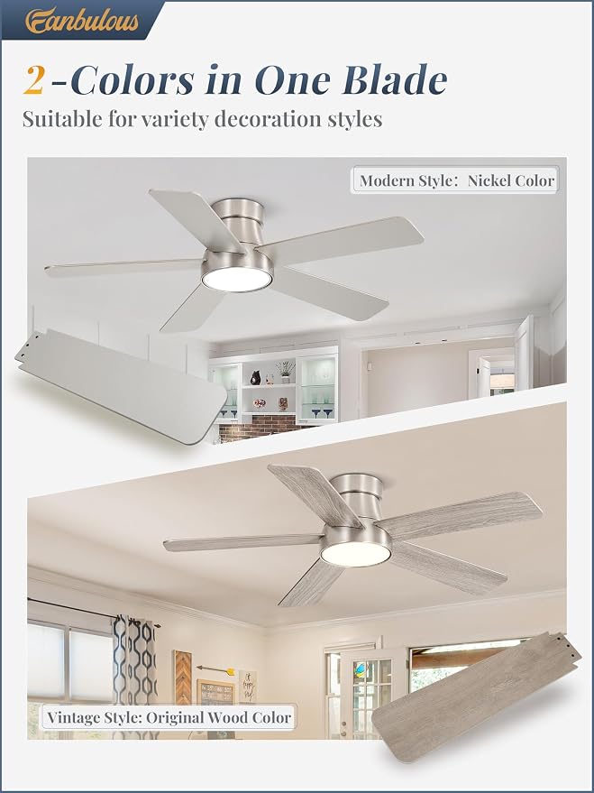 Fanbulous 42 Inch Ceiling Fans with Lights and Remote,Indoor Modern Flush Mount Ceiling Fan with 3CCT 6-Speed Quiet DC Motor,Black Small Low Profile Ceiling Fan for Bedroom Living Room Office(Nickel)