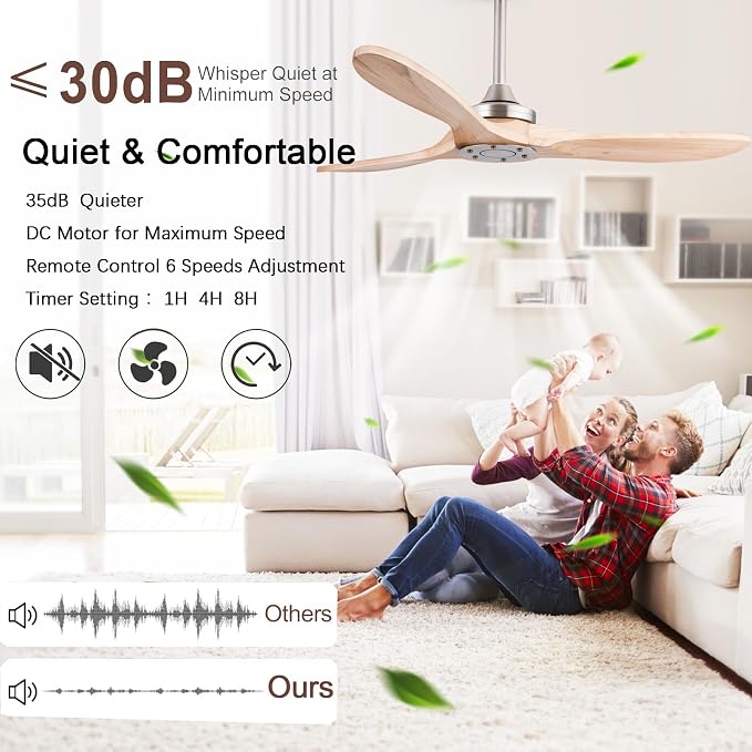 QUTWOB 42" Wood Ceiling Fan No Light, Reversible DC Motor, Remote Control | solid wood blades, quiet 6-speed reversible dc motor, remote control, no light, for indoor outdoor patio garage bedroom