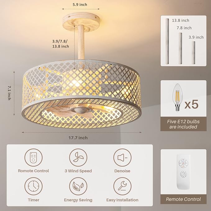 REDSTAR Caged Ceiling Fans with Lights, White Industrial Ceiling Fan with Light and Remote, Farmhouse Ceiling Fan Light for Living Room, Bedroom, Kitchen (Modern Minimalist W)