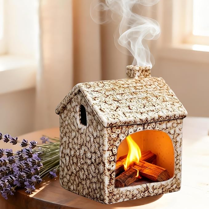 Ceramic Mini Chiminea Palo Santo Burner | Sage & Incense Cone Holder | Stable Smudge Bowl for Zen Altar, Meditation, Yoga | Home Decor & Gift (Brown)