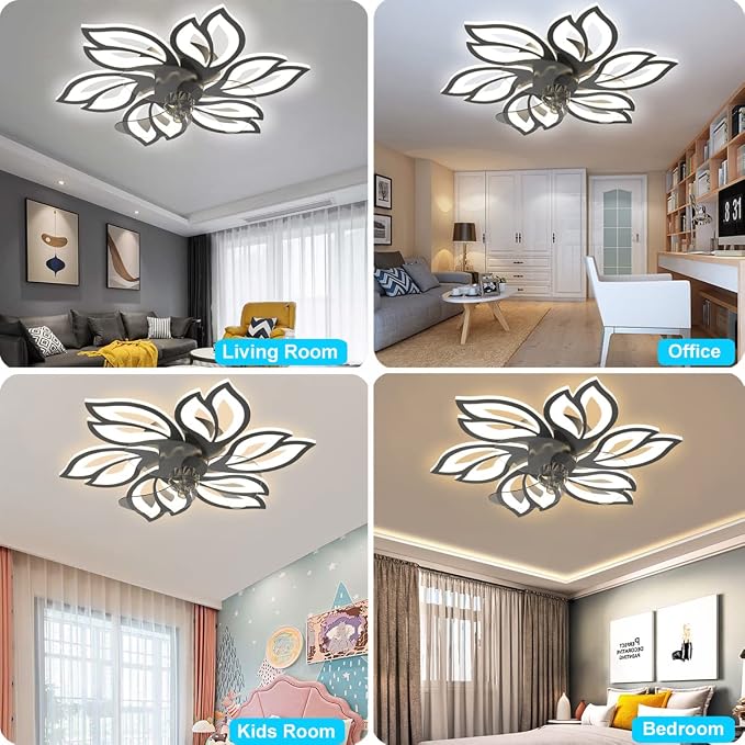25.6" Bladeless Ceiling Fan with Lights Remote Control, Modern Low Profile Ceiling Fans with Lights, Dimmable 3 Color 6 Wind Speeds LED Ceiling Fan for Bedroom, Living Room, Kids Room - Black