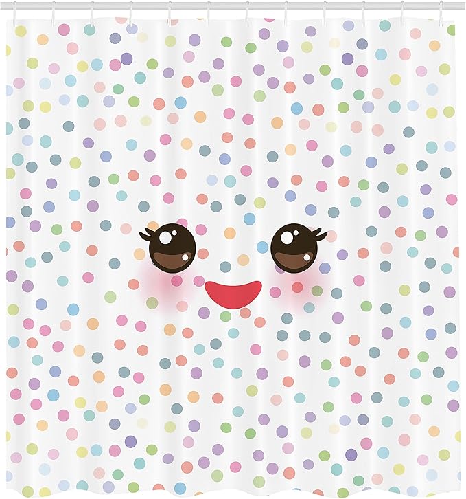 Ambesonne Eyelash Shower Curtain, Kawaii Funny Muzzle Pastel Tone Cheeks and Eyes on Colorful Polka Dots Backdrop, Cloth Fabric Bathroom Decor Set with Hooks, 69" W x 84" L, Brown Multicolor